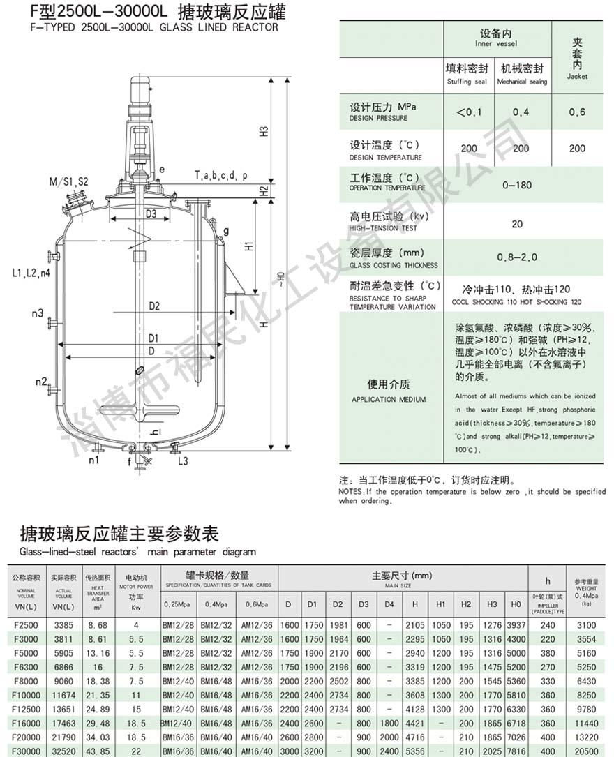 30000L搪玻璃反應釜技術參數